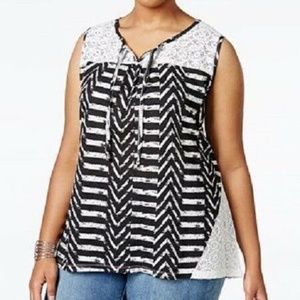 Style & Co Black Lace Trim Printed Peasant Top New